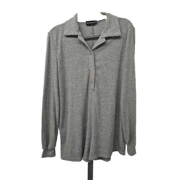PrettyLittleThing Rib Knit Romper Womens Size 0/XS Long Sleeve Oversized Gray - Picture 2 of 9
